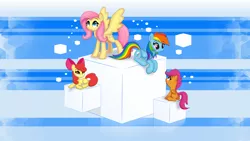 Size: 3840x2160 | Tagged: safe, artist:ctb-36, artist:zapplebow, derpibooru import, apple bloom, fluttershy, rainbow dash, scootaloo, earth pony, pegasus, pony, cube, cubes, striped background, wallpaper