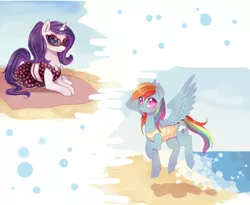 Size: 5512x4512 | Tagged: absurd resolution, artist:liliumena, beach, clothes, derpibooru import, one-piece swimsuit, rainbow dash, rarity, safe, sunglasses, swimsuit