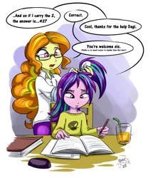 Size: 2000x2400 | Tagged: safe, artist:ponut_joe, derpibooru import, adagio dazzle, aria blaze, equestria girls, 42, adoragio, ariabetes, book, chair, clothes, cup, cute, dialogue, drink, female, glasses, homework, juice, mamadagio, math, nerddagio, open mouth, pants, pen, siblings, speech bubble, straw, sweater, table, the dazzlings, younger