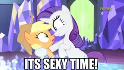 Size: 800x450 | Tagged: suggestive, derpibooru import, edit, screencap, applejack, rarity, made in manehattan, caption, discovery family logo, female, implied sex, lesbian, meme, rarijack, shipping