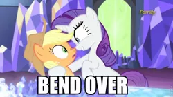 Size: 800x450 | Tagged: suggestive, derpibooru import, edit, edited screencap, screencap, applejack, rarity, made in manehattan, bend over, discovery family logo, female, lesbian, meme, rarijack, shipping