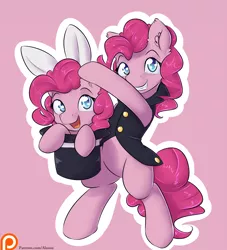 Size: 1250x1375 | Tagged: safe, artist:alasou, deleted from derpibooru, derpibooru import, pinkie pie, pony, rabbit, bipedal, bunny ears, bunny out of the hat, clothes, cute, diapinkes, grin, hat, looking at you, magic trick, open mouth, patreon, patreon logo, self ponidox, smiling, top hat