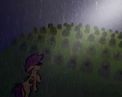 Size: 1000x800 | Tagged: safe, artist:sherradestrix, derpibooru import, scootaloo, pegasus, pony, chickun, exploitable meme, forced meme, grave, gravestone, graveyard, implied death, meme, mourning, rain, sad, scootalocaust, solo