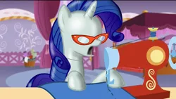 Size: 1024x576 | Tagged: canterlot boutique, derpibooru import, edit, edited screencap, inanimate tf, mannequin, mannequin tf, objectification, open mouth, rarity, safe, screencap, sewing machine, solo