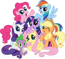 Size: 4946x4492 | Tagged: absurd resolution, applejack, artist:crunchnugget, derpibooru import, fluttershy, group photo, group shot, mane seven, mane six, mane six opening poses, pinkie pie, rainbow dash, rarity, redesign, safe, simple background, spike, svg, .svg available, transparent background, twilight sparkle, vector