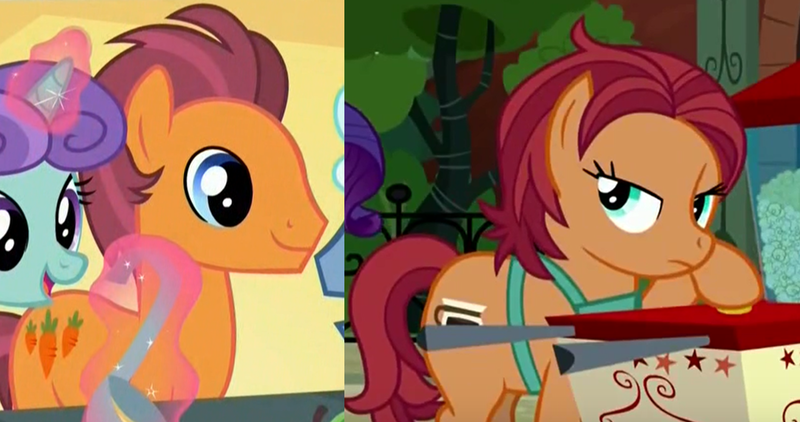 Size: 1345x709 | Tagged: carrot mane, chock-full carafe, derpibooru import, made in manehattan, poppy mccorn, safe, screencap, similarities