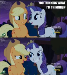 Size: 1274x1435 | Tagged: safe, derpibooru import, edit, edited screencap, screencap, applejack, rarity, made in manehattan, discovery family logo, female, image macro, lesbian, meme, new hat, rarijack, shipping