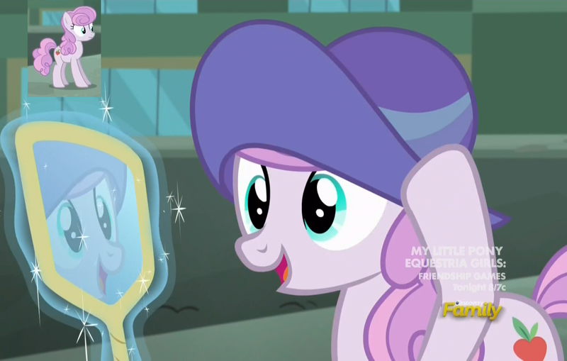 Size: 1684x1072 | Tagged: safe, derpibooru import, screencap, pearmain worcester, earth pony, pony, made in manehattan, discovery family logo, female, hat, levitation, magic, mare, mirror, reflection