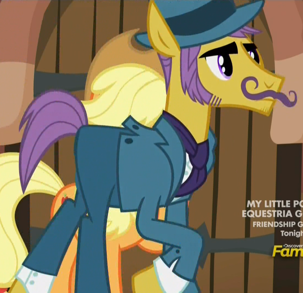 Size: 1108x1074 | Tagged: safe, derpibooru import, screencap, applejack, art vandelhay, uptown clover, earth pony, pony, made in manehattan, applejack's hat, background pony, clothes, cowboy hat, cravat, discovery family logo, female, hat, male, manehattan, mare, moustache, skinny, solo focus, spats, stallion, suit, tuxedo, walking