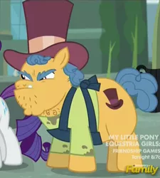 Size: 873x972 | Tagged: safe, derpibooru import, screencap, rarity, stinky bottom, earth pony, pony, made in manehattan, angry, apron, chin, chubby, clothes, cropped, dirty, discovery family logo, fat, hat, hatter, male, milliner, solo focus, stallion, street merchant, top hat, vendor