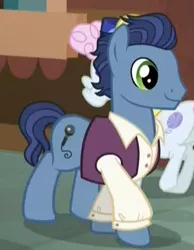 Size: 447x577 | Tagged: safe, derpibooru import, screencap, pearly stitch, earth pony, pony, made in manehattan, background pony, clothes, male, shirt, solo, stallion, vest