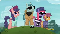 Size: 1920x1080 | Tagged: safe, derpibooru import, screencap, late show, on stage, raspberry beret, stardom, earth pony, pony, made in manehattan, beret, clothes, discovery family logo, female, hat, male, mare, method mares, shirt, stallion, sunglasses, sweater, trenchcoat, turtleneck