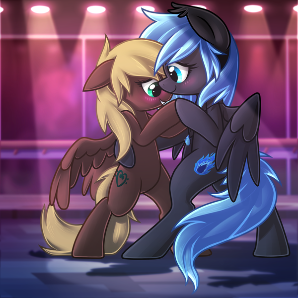 Size: 4000x4000 | Tagged: safe, artist:wingedwolf94, deleted from derpibooru, derpibooru import, oc, oc:midnight light, oc:stradiverra, unofficial characters only, pegasus, pony, bipedal, blushing, couple, cute, dancing, female, floppy ears, grin, lesbian, necklace, oc x oc, shipping, shy, smiling, spread wings