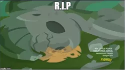 Size: 643x363 | Tagged: applejack's damaged hat, applejack's hat, applejack's hat's death, bad end, caption, derpibooru import, edit, edited screencap, hat, made in manehattan, rest in peace, safe, screencap, wat