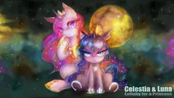 Size: 1920x1080 | Tagged: safe, artist:girlsay, derpibooru import, angel bunny, princess celestia, princess luna, filly, mare in the moon, moon, moon bunny, pink-mane celestia, pixiv, sitting, stars, underhoof, wallpaper, woona, younger