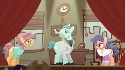 Size: 1299x726 | Tagged: acting, clothes, curtains, derpibooru import, fur coat, glasses, late show, lighting, made in manehattan, method mares, necktie, on stage, play, raspberry beret, safe, screencap, shirt, stage, suit, sweater