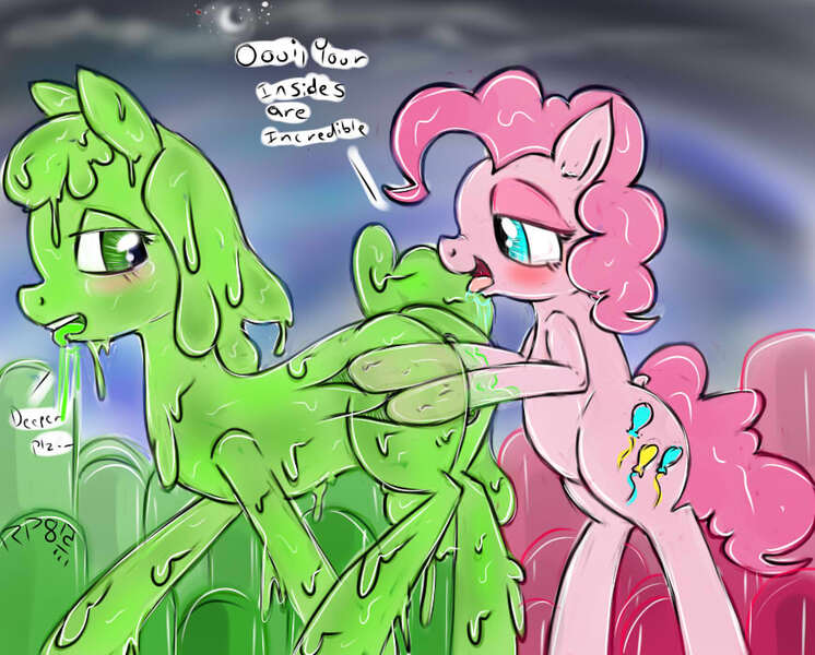 Size: 870x700 | Tagged: explicit, artist:ray-pemmburge, derpibooru import, pinkie pie, oc, oc:ooui, goo pony, original species, anal, bedroom eyes, canon x oc, double penetration, female, females only, hoofing, penetration, plot, sex, shipping, tongue out