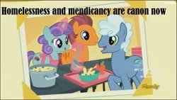 Size: 1366x768 | Tagged: safe, derpibooru import, screencap, plum pop, unnamed pony, earth pony, pony, made in manehattan, background pony, beggar, discovery family logo, female, food, homeless, male, mare, poverty, stallion