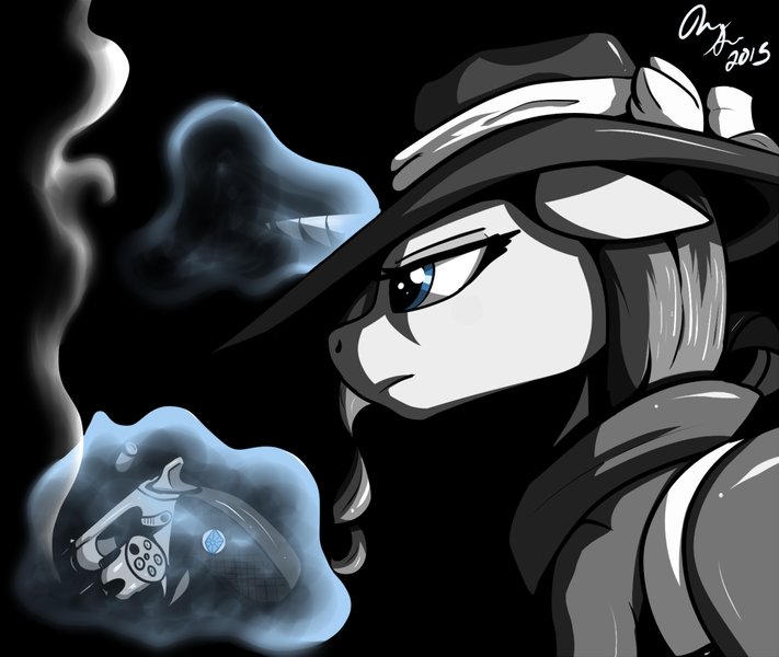 Size: 1000x844 | Tagged: artist:jinyaranda, black and white, clothes, derpibooru import, detective, detective rarity, grayscale, gun, hat, horn, magic, noir, rarity, rarity investigates, reloading, revolver, safe, signature, telekinesis