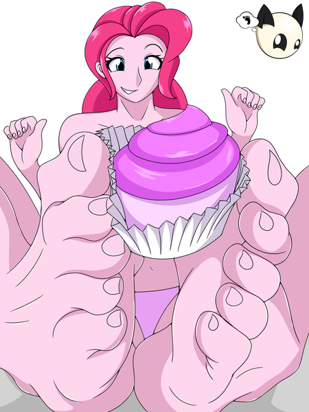 Size: 1536x2048 | Tagged: artist:bronypanda, barefoot, clothes, colored skin, cupcake, derpibooru import, edit, feet, foot fetish, foot focus, human, humanized, panties, pinkie pie, pink underwear, questionable, toes, underwear