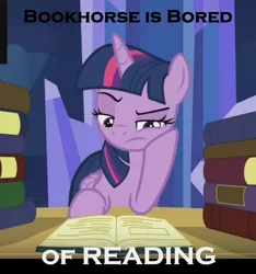 Size: 720x770 | Tagged: safe, derpibooru import, screencap, twilight sparkle, twilight sparkle (alicorn), alicorn, pony, made in manehattan, book, bookhorse, bored, female, grumpy, grumpy twilight, image macro, irony, mare, meme, reading, xk-class end-of-the-world scenario