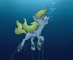 Size: 979x816 | Tagged: semi-grimdark, artist:uwdr-64, derpibooru import, derpy hooves, pegasus, pony, air bubble, asphyxiation, bondage, bubble, chains, cuffs, drowning, female, fetish, imminent death, mare, peril, solo, underwater, unsexy bondage, water