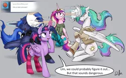 Size: 3208x1992 | Tagged: safe, artist:silfoe, derpibooru import, princess cadance, princess celestia, princess luna, twilight sparkle, twilight sparkle (alicorn), alicorn, pony, ask majesty incarnate, royal sketchbook, :p, alicorn tetrarchy, alternate hairstyle, ask, clothes, eyes closed, female, floppy ears, frown, hoodie, horn grab, horn impalement, magic, mare, messy mane, open mouth, pillow fight, ponytail, raised eyebrow, sitting, smiling, socks, striped socks, telekinesis, tongue out, tumblr, underhoof