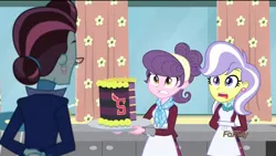 Size: 1070x602 | Tagged: safe, derpibooru import, screencap, principal abacus cinch, suri polomare, upper crust, acadeca, equestria girls, friendship games, apron, cake, clothes, crystal prep academy, crystal prep shadowbolts, skunk stripe