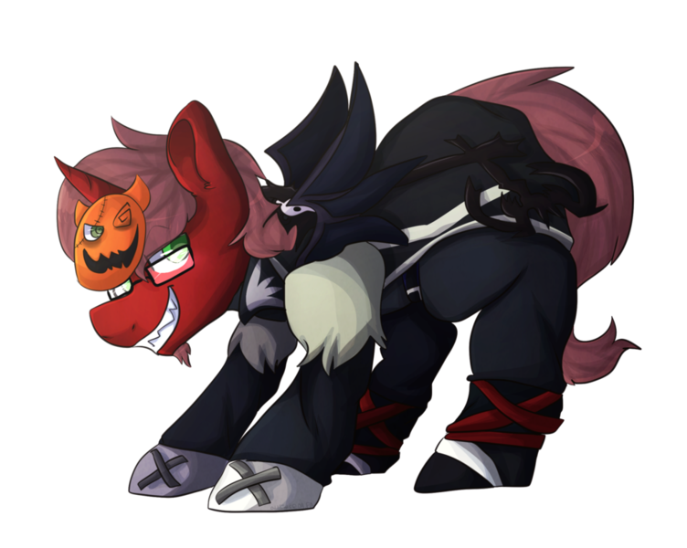 Size: 1024x817 | Tagged: safe, artist:oddends, derpibooru import, oc, oc:sojourner, unofficial characters only, pony, unicorn, bat wings, brown mane, crouching, glasses, green eyes, halloween, holiday, jack-o-lantern, keyblade, kingdom hearts, looking at you, mask, messy hair, messy mane, pumpkin, red fur, sharp teeth, smiling, solo, sora, wings