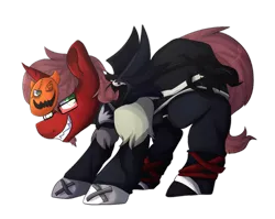 Size: 1024x817 | Tagged: safe, artist:oddends, derpibooru import, oc, oc:sojourner, unofficial characters only, pony, unicorn, bat wings, brown mane, crouching, glasses, green eyes, halloween, holiday, jack-o-lantern, keyblade, kingdom hearts, looking at you, mask, messy hair, messy mane, pumpkin, red fur, sharp teeth, smiling, solo, sora, wings