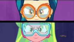 Size: 1366x768 | Tagged: safe, derpibooru import, screencap, indigo zap, lemon zest, acadeca, equestria girls, friendship games, crystal prep academy, crystal prep shadowbolts, discovery family logo, duo, goggles