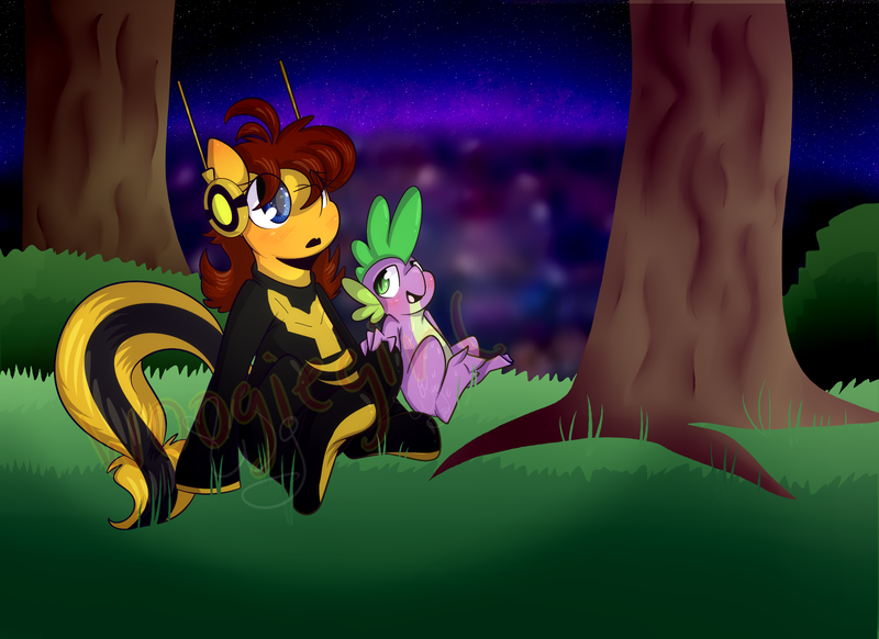 Size: 2200x1600 | Tagged: dead source, safe, artist:woogiegirl, derpibooru import, spike, ponified, dragon, pony, unicorn, wasp, avengers, avengers: earth's mightiest heroes, clothes, commission, costume, crossover, crossover shipping, field, janet van dyne, marvel, night, spikelove, spikexwasp, stargazing, story included, tree, watermark