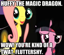 Size: 593x508 | Tagged: derpibooru import, fluttershy, huffy, image macro, meme, safe, screencap, twilight sparkle, vulgar