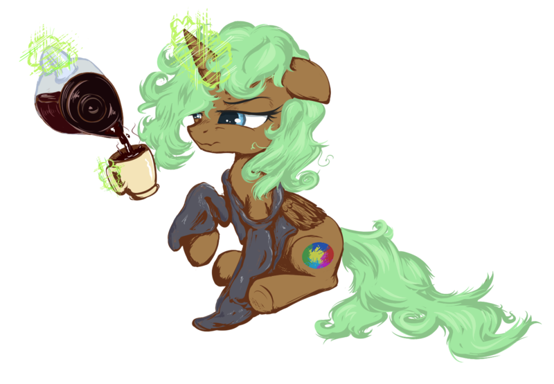Size: 1485x1031 | Tagged: safe, artist:equie, derpibooru import, oc, oc:equie, unofficial characters only, alicorn, pony, alicorn oc, coffee, glowing horn, magic, messy mane, morning ponies, simple background, sleepy, solo, telekinesis, transparent background