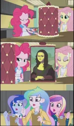 Size: 1912x3236 | Tagged: safe, derpibooru import, screencap, fluttershy, pinkie pie, princess cadance, princess celestia, princess luna, equestria girls, friendship games, cake, dean cadance, exploitable meme, fork, how, inside the cake meme, meme, meme origin, mona lisa, principal celestia, vice principal luna