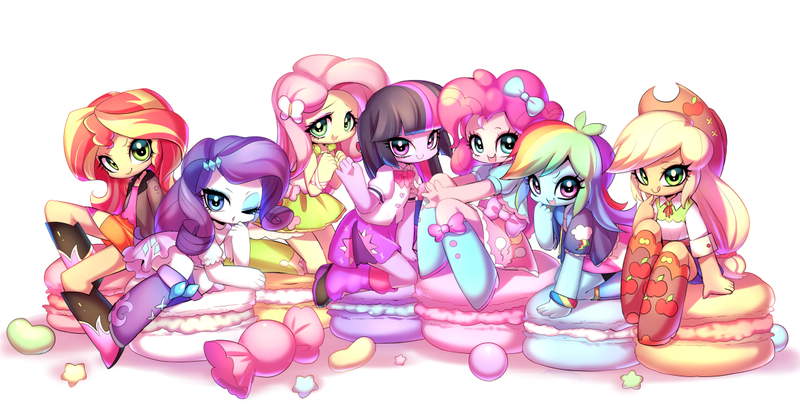 Size: 1200x626 | Tagged: safe, artist:aoi_renas, derpibooru import, applejack, fluttershy, pinkie pie, rainbow dash, rarity, sunset shimmer, twilight sparkle, twilight sparkle (alicorn), equestria girls, alternate mane seven, candy, chibi, humane seven, macaron, mane six, pixiv