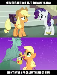 Size: 1280x1672 | Tagged: safe, derpibooru import, edit, edited screencap, screencap, applejack, rarity, earth pony, pony, unicorn, made in manehattan, the cutie mark chronicles, discovery family logo, female, filly, filly applejack, foal, image macro, impact font, inconsistency, manehattan, maneway station, mare, meme, statue of friendship, younger