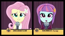 Size: 1366x768 | Tagged: safe, derpibooru import, screencap, fluttershy, sunny flare, acadeca, equestria girls, friendship games, immigration, microphone, misspelling, rhombus, spelling bee