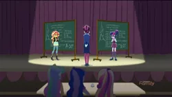 Size: 1366x768 | Tagged: safe, derpibooru import, screencap, princess cadance, princess celestia, princess luna, principal abacus cinch, sci-twi, sunset shimmer, twilight sparkle, acadeca, equestria girls, friendship games, chalkboard, dean cadance, discovery family logo, fancy mathematics, geometry, langley's adventitious angles, math, principal celestia, vice principal luna