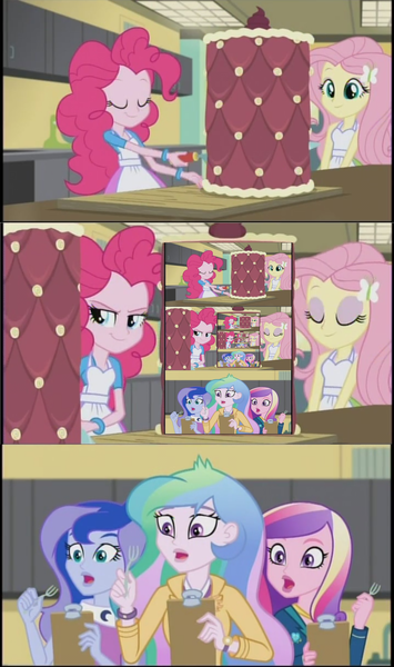 Size: 1912x3236 | Tagged: safe, derpibooru import, edit, edited screencap, screencap, fluttershy, pinkie pie, princess cadance, princess celestia, princess luna, equestria girls, friendship games, cake, dean cadance, droste effect, exploitable meme, fork, inception, inside the cake meme, meme, principal celestia, recursion, shocked, vice principal luna