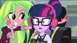 Size: 1920x1080 | Tagged: safe, deleted from derpibooru, derpibooru import, screencap, lemon zest, sci-twi, twilight sparkle, equestria girls, friendship games, cute, glasses, headphones, horrified, zestabetes