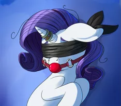 Size: 1137x1000 | Tagged: artist:pusspuss, ballgag, blindfold, bondage, derpibooru import, female, femsub, floppy ears, gag, horn ring, magic suppression, messy mane, rarity, side, solo, solo female, submissive, suggestive