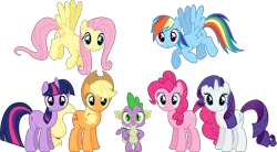 Size: 2058x1133 | Tagged: artist needed, safe, artist:dashiesparkle, derpibooru import, applejack, fluttershy, pinkie pie, rainbow dash, rarity, spike, twilight sparkle, dragon, earth pony, pegasus, pony, unicorn, the best night ever, .svg available, female, group, looking at you, male, mane seven, mane six, mare, simple background, spread wings, stock vector, svg, transparent background, unicorn twilight, vector, wings