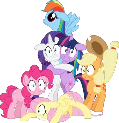Size: 2426x2503 | Tagged: safe, artist:andypriceart, artist:jeatz-axl, derpibooru import, idw, applejack, fluttershy, pinkie pie, rainbow dash, rarity, twilight sparkle, pony, .svg available, bipedal, clinging, dilated pupils, face down ass up, faic, floppy ears, frown, gritted teeth, hug, looking at you, mane six, scared, show accurate, shrunken pupils, simple background, spread wings, svg, transparent background, vector, wide eyes