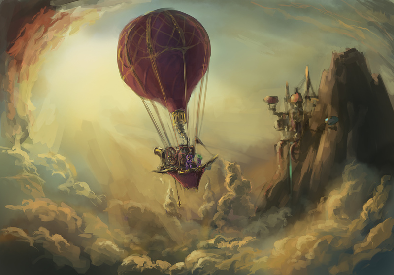 Size: 2560x1785 | Tagged: safe, artist:hunternif, derpibooru import, spike, twilight sparkle, dragon, pony, unicorn, canterlot, canterlot castle, cloud, cloudy, duo, female, hot air balloon, male, mare, scenery, sky, speedpaint, steampunk