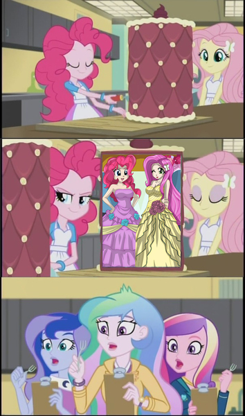 Size: 605x1024 | Tagged: safe, artist:ratachu666, derpibooru import, edit, edited screencap, screencap, fluttershy, pinkie pie, princess cadance, princess celestia, princess luna, equestria girls, friendship games, clothes, dean cadance, dress, inside the cake meme, meme