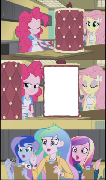 Size: 605x1024 | Tagged: safe, derpibooru import, edit, edited screencap, screencap, fluttershy, pinkie pie, princess cadance, princess celestia, princess luna, equestria girls, friendship games, cake, dean cadance, inside the cake meme, meme, principal celestia, template, vice principal luna