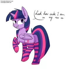 Size: 658x623 | Tagged: safe, artist:tralalayla, derpibooru import, edit, twilight sparkle, twilight sparkle (alicorn), alicorn, pony, butt, clothes, cropped, cute, dialogue, ear fluff, female, looking at you, mare, plot, raised hoof, raised leg, simple background, smiling, socks, solo, striped socks, twiabetes, twibutt, underhoof, white background