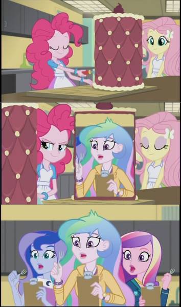 Size: 605x1024 | Tagged: safe, derpibooru import, edit, edited screencap, screencap, fluttershy, pinkie pie, princess cadance, princess celestia, princess luna, equestria girls, friendship games, cake, dean cadance, exploitable meme, fork, go for it, inside the cake meme, meme, principal celestia, self paradox, vice principal luna