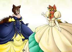 Size: 2989x2159 | Tagged: safe, artist:seductivebunneh, derpibooru import, oc, oc:help desk, oc:manji, unofficial characters only, anthro, human, hybrid, shark, unicorn, anthro oc, clothes, dress, ear piercing, evening gloves, glasses, gloves, gown, non-mlp oc, piercing, poofy shoulders, smiling